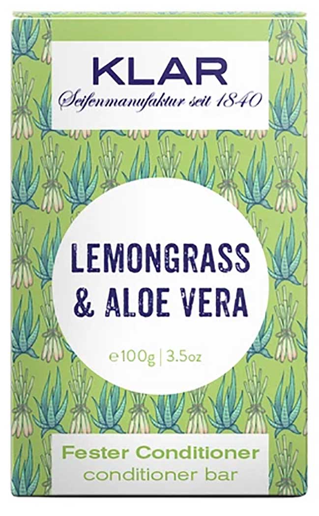 Klar’s fester Conditioner Lemongrass & Aloe Vera beschwert die Haare nicht und ist auch für feines und schnell fettendes Haar geeignet. Aloe Vera spendet Feuchtigkeit, während Lemongrass das Haar entfettet. Der Conditioner sorgt für eine bessere Kämmbarkeit und einen schönen Glanz. Der Conditioner ist ideal in Kombination mit dem festen Shampoo 