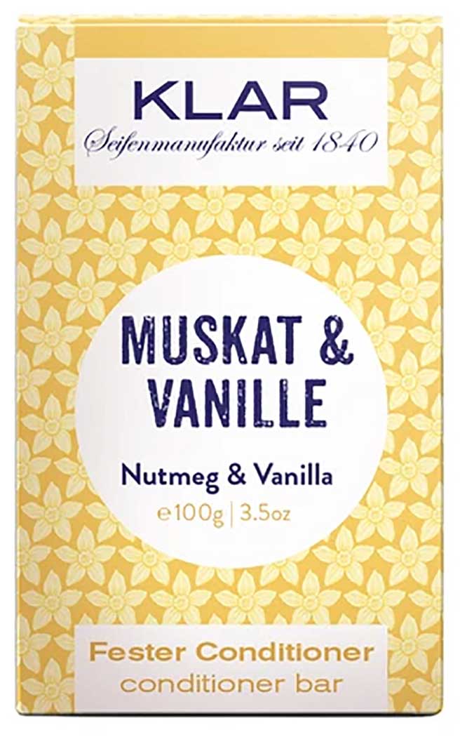 Klar’s fester Conditioner Muskat & Vanille pflegt die Haare nach der Haarwäsche seidig weich. Das Aroma von Vanille und Muskat verwöhnt die Sinne und lässt das Haar wunderbar duften. Der Conditioner sorgt für eine bessere Kämmbarkeit und hilft dabei, die geschmeidige Struktur der Haare zu erhalten. Der Conditioner ist ideal in Kombination mit dem festen Shampoo 