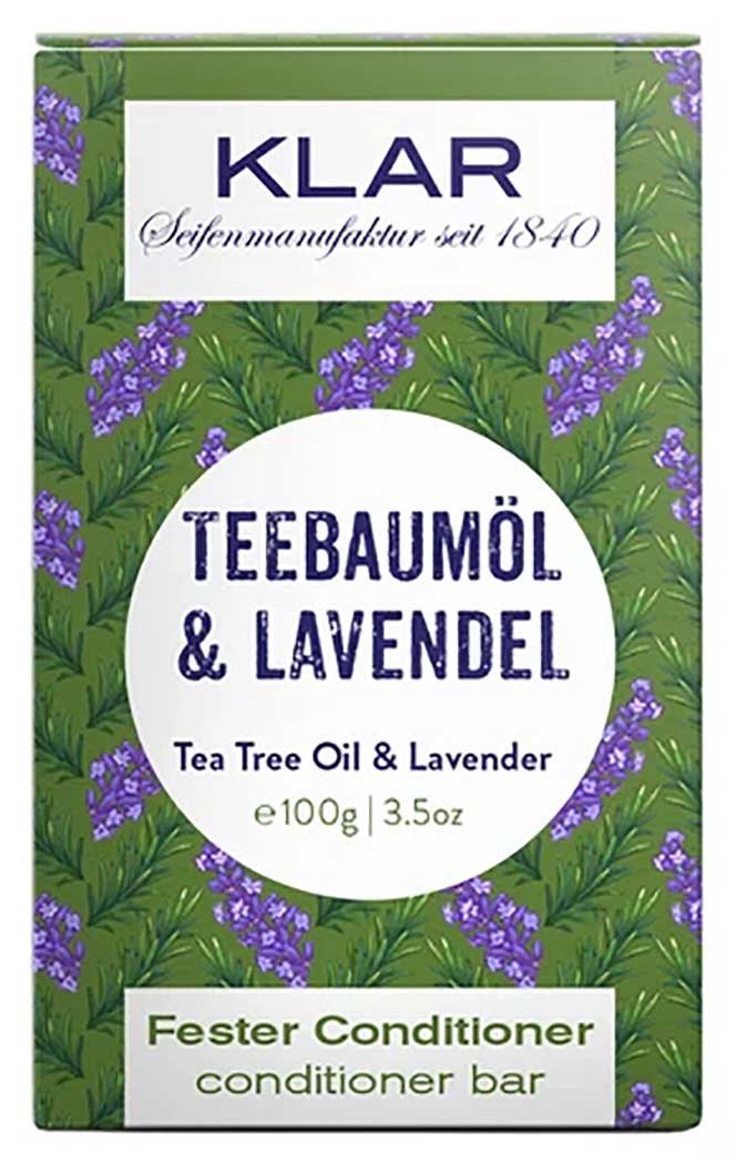 KLAR’s fester Conditioner Teebaumöl Lavendel macht das Haar geschmeidig und beruhigt mit natürlichem Teebaumöl zeitgleich die Kopfhaut. Damit ist er die perfekte Ergänzung zum festen Anti-Schuppen Shampoo.