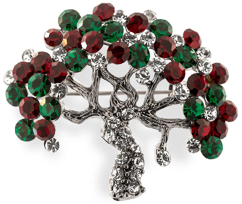 Brosche Baum silberfarben mit grünen und roten Strass Steinen BR007 oben