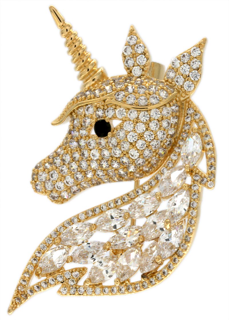 Brosche Einhorn goldfarben und mit vielen weissen Strass Steinen BR017 oben