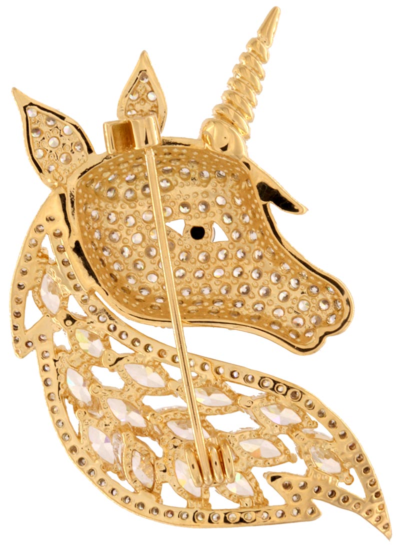 Brosche Einhorn goldfarben und mit vielen weissen Strass Steinen BR017 unten