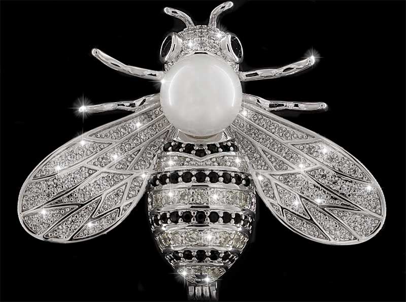 Brosche Fliege silberfarben mit Perle, schwarzen und vielen weissen Strass Steinen BR029 oben
