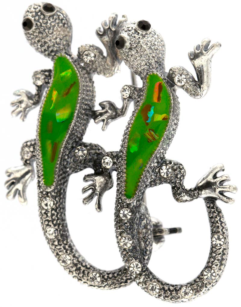 Brosche Gecko silberfarben mit weissen und schwarzen Strass Steinen BR009 oben