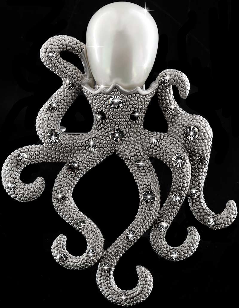 Brosche Oktopus / Krake silberfarben mit einer Perle als Kopf und weissen Strass Steinen BR052 oben