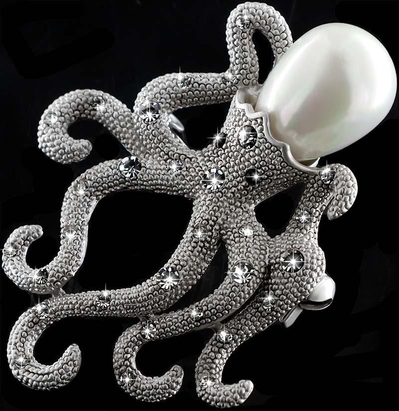 Brosche Oktopus / Krake silberfarben mit einer Perle als Kopf und weissen Strass Steinen BR052 seite