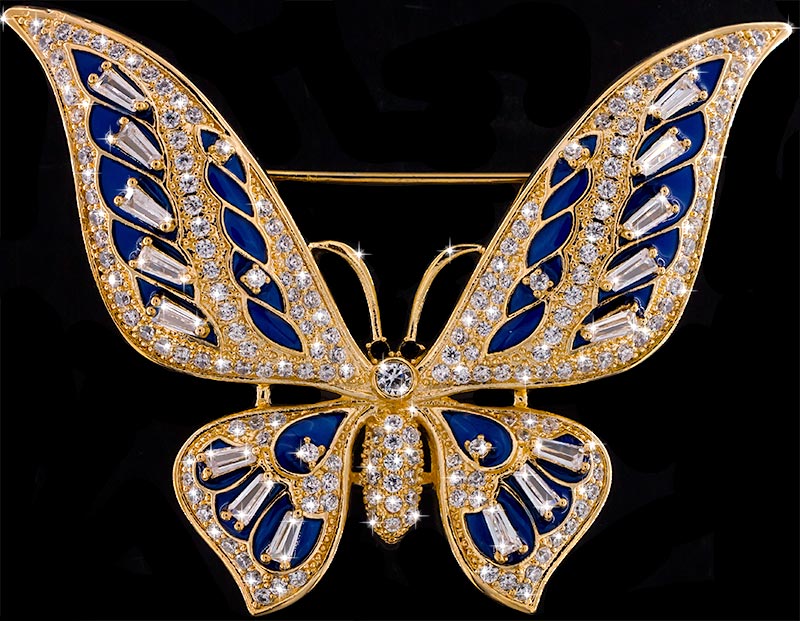 Brosche Schmetterling goldfarben mit blauen Details und vielen weissen Strass Steinen BR056 oben