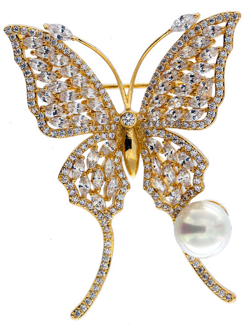 Brosche Schmetterling goldfarben und mit vielen weissen Strass Steinen BR023 oben