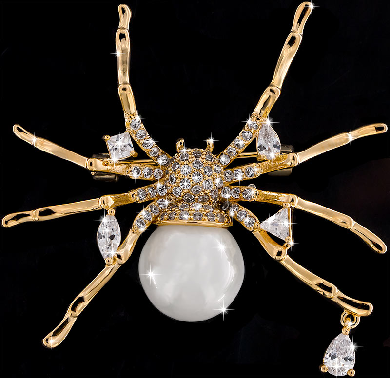 Brosche Spinne goldfarben mit Perle als Körper und vielen weissen Strass Steinen BR046 oben