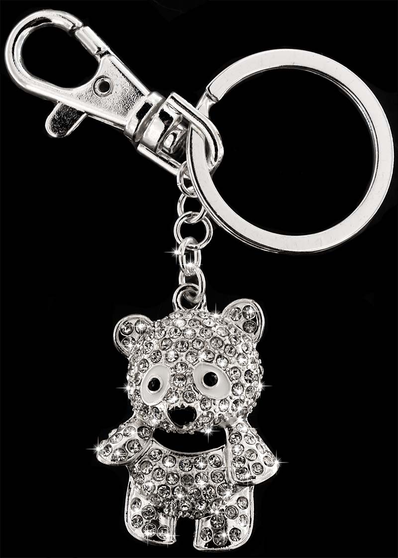 Anhänger Teddybär silberfarben mit vielen weissen Strass Steinen Schlüsselanhänger Taschenanhänger AH12