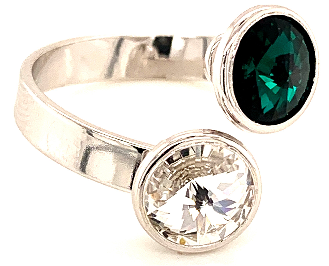 Silber Ring mit 2 Swarovski Crystal (1*Emerald/1*Crystal Clear) 925 Silberfassung größe änderbar gesamt ca. 3,4 Gramm 17 ct handgearbeitet, rhodiniert, handegemacht in Italien AT0578REC