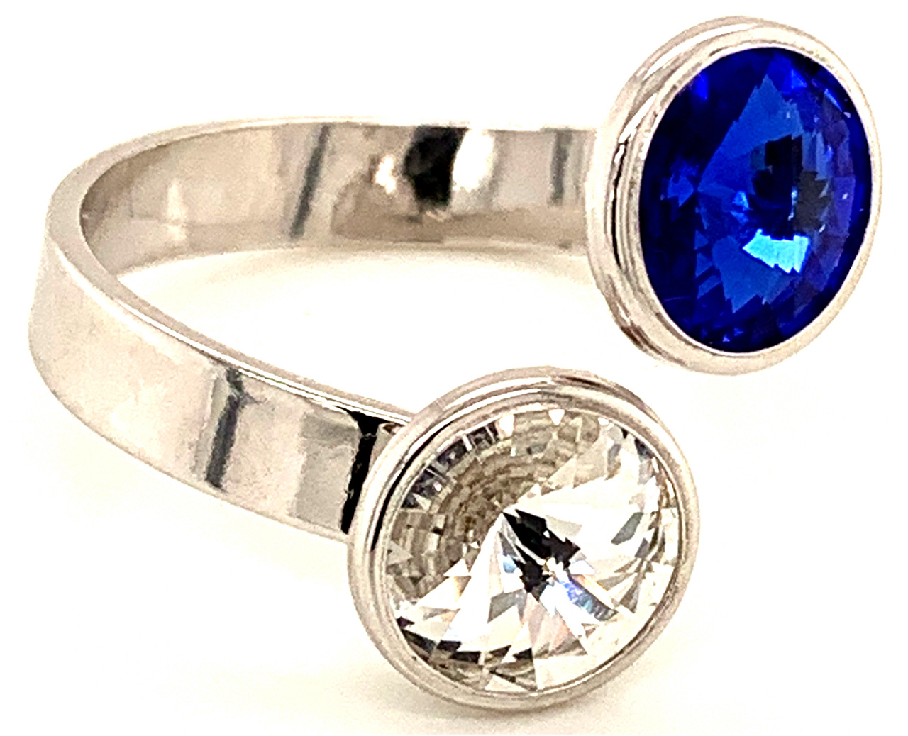 Silber Ring mit 2 Swarovski Crystal 1*Majestic Blue Blau 1*Crystal Clear 925 Silberfassung größe änderbar gesamt ca. 3,4 Gramm 17 ct handgearbeitet, rhodiniert, handgemacht in Italien AT0578MBC