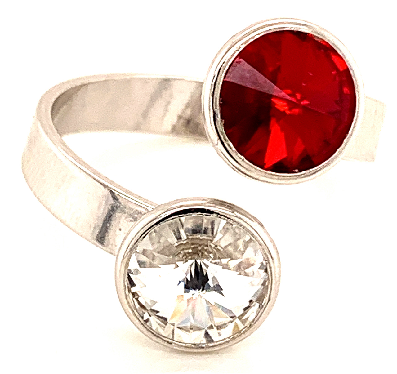 Silber Ring mit 2 Swarovski Crystal (1*Siam/1*Crystal Clear) 925 Silberfassung größe änderbar gesamt ca. 3,4 Gramm 17 ct handgearbeitet, rhodiniert, handegemacht in Italien AT0578RSC