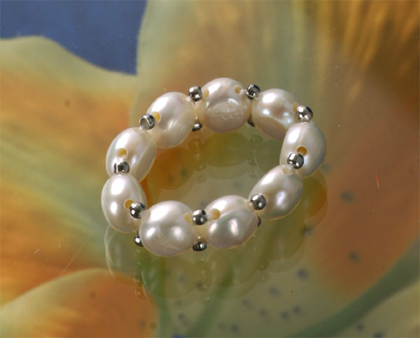 Süsswasser Perlenringe Echte Perlen 1-Reihig mit Silberfarbenen Kugeln abgesetzt