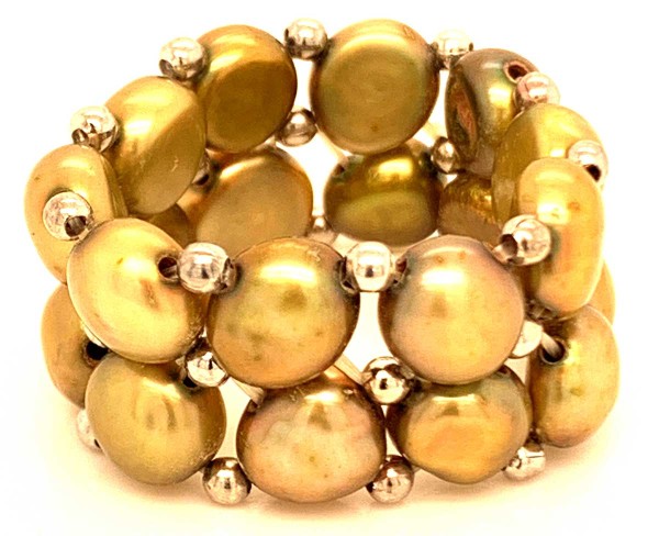 Echter Zucht-Perlenring 2-Reihig Goldbraun mit silberfarbenen Kugeln