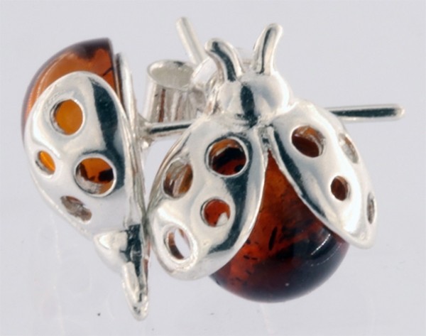 Marienkäfer Bernstein Ohrstecker Cognacfarben ca. 8mm mit 925 Silber Bresur Paar BSOR04