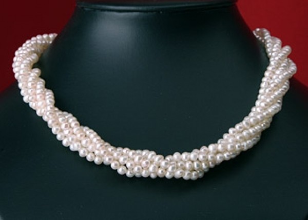 Echte Zucht-Perlen-Kette P026 Weiß 5-reihig gedreht Perlen-Collier 45cm