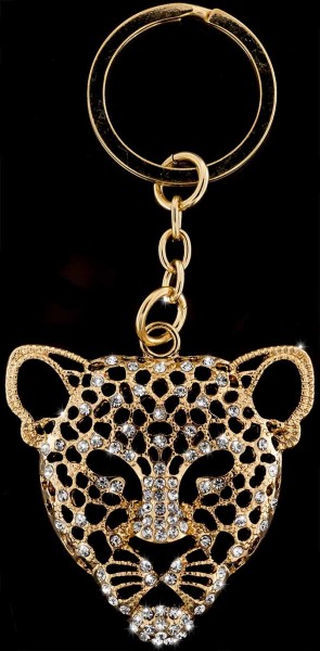 Schlüsselanhänger Leopard goldfarben mit vielen weissen Strass Steinen Taschenanhänger AH02