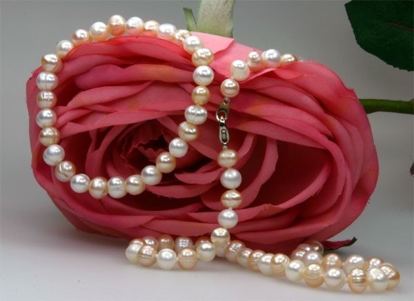 Echtes Zucht-Perlenset weiss-rose 7-8mm Armband Stretch und Kette