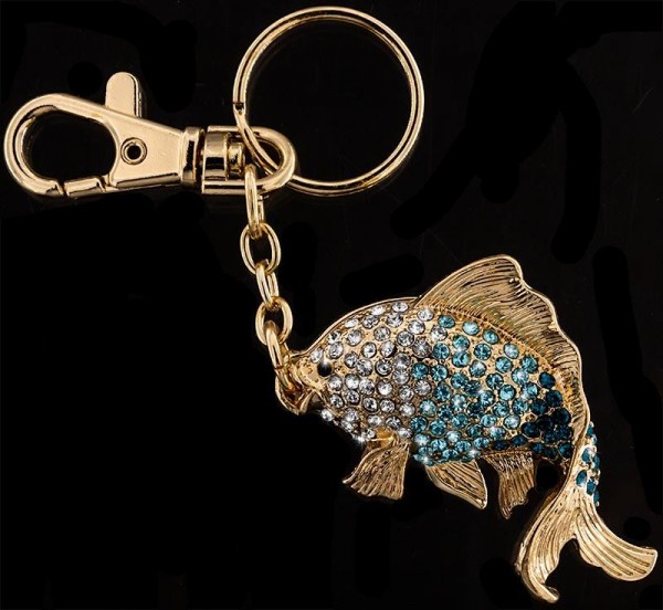 Schlüsselanhänger Fisch goldfarben mit vielen blauen und weissen Strass Steinen Taschenanhänger AH01