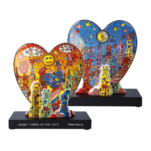 Goebel Figur James Rizzi Heart times in the City Porzellan Holzsockel Vorder- und Rückseite mit unte