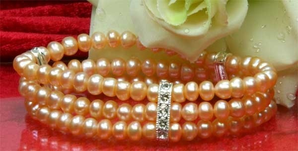 3-reihiges Zuchtperlen Armband Lachsfraben (Orange) mit Strass-Steinen NEU
