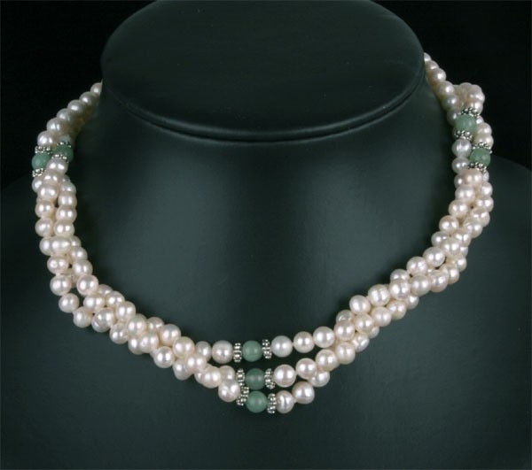 Zucht-Perlen-Collier P904 3-reihig weiß mit Jade Perlencollier 44cm NEU