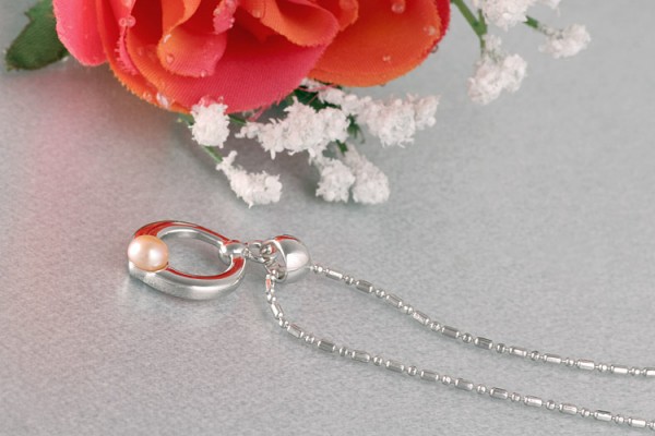 Perlenkette Anhänger Ring mit Süßwasserzuchtperle Lachs Rose versilbert rhodiniert P259