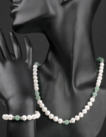 Perlen-Kette +Armband mit echten Türkisen Perlen ca. 7-8mm weiß mit türkis