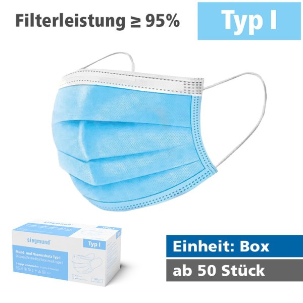 Medizinischer Mund- und Nasenschutz - Typ I (Box) MNS Typ I (Filterleistung mind. 95%)