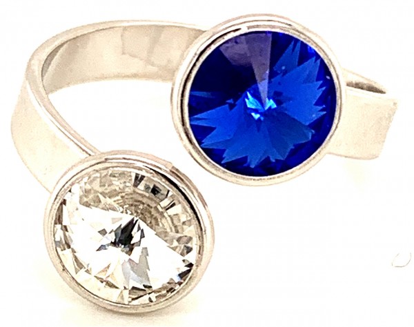 Silber Ring mit 2 Swarovski Crystal 1*Majestic Blue Blau 1*Crystal Clear 925 Silberfassung größe änd