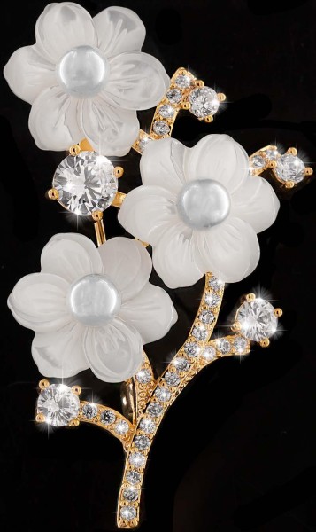 Brosche 3 Perlmutt Blüten goldfarben mit 3 Perlen und vielen weissen Strass Steinen BR017